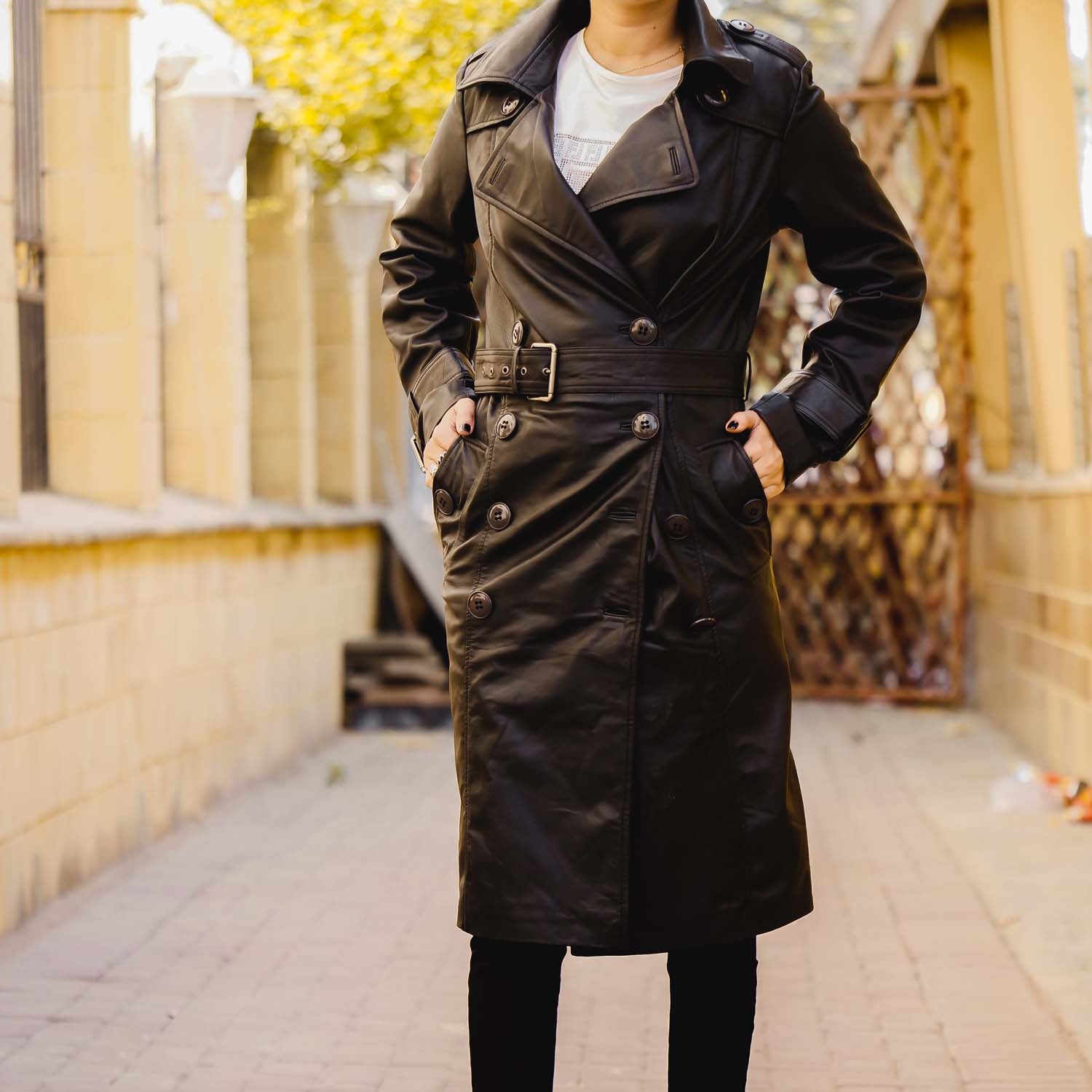 Women S Double Breasted Black Leather Trench Coat