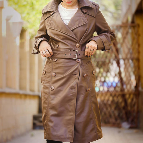 Women S Double Breasted Brown Leather Trench Coat