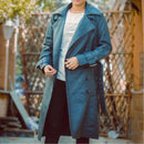 Womens Double Breasted Blue Leather Trench Coat