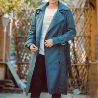 Womens Double Breasted Blue Leather Trench Coat