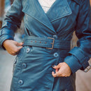 Womens Double Breasted Blue Leather Trench Coat