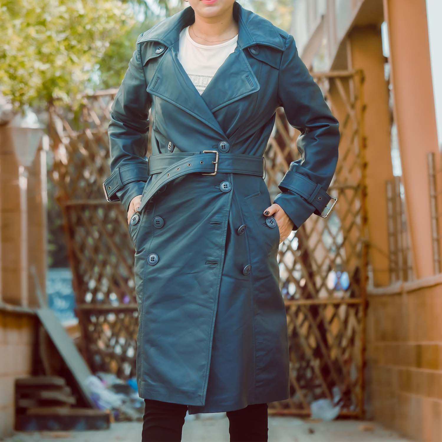 Womens Double Breasted Blue Leather Trench Coat
