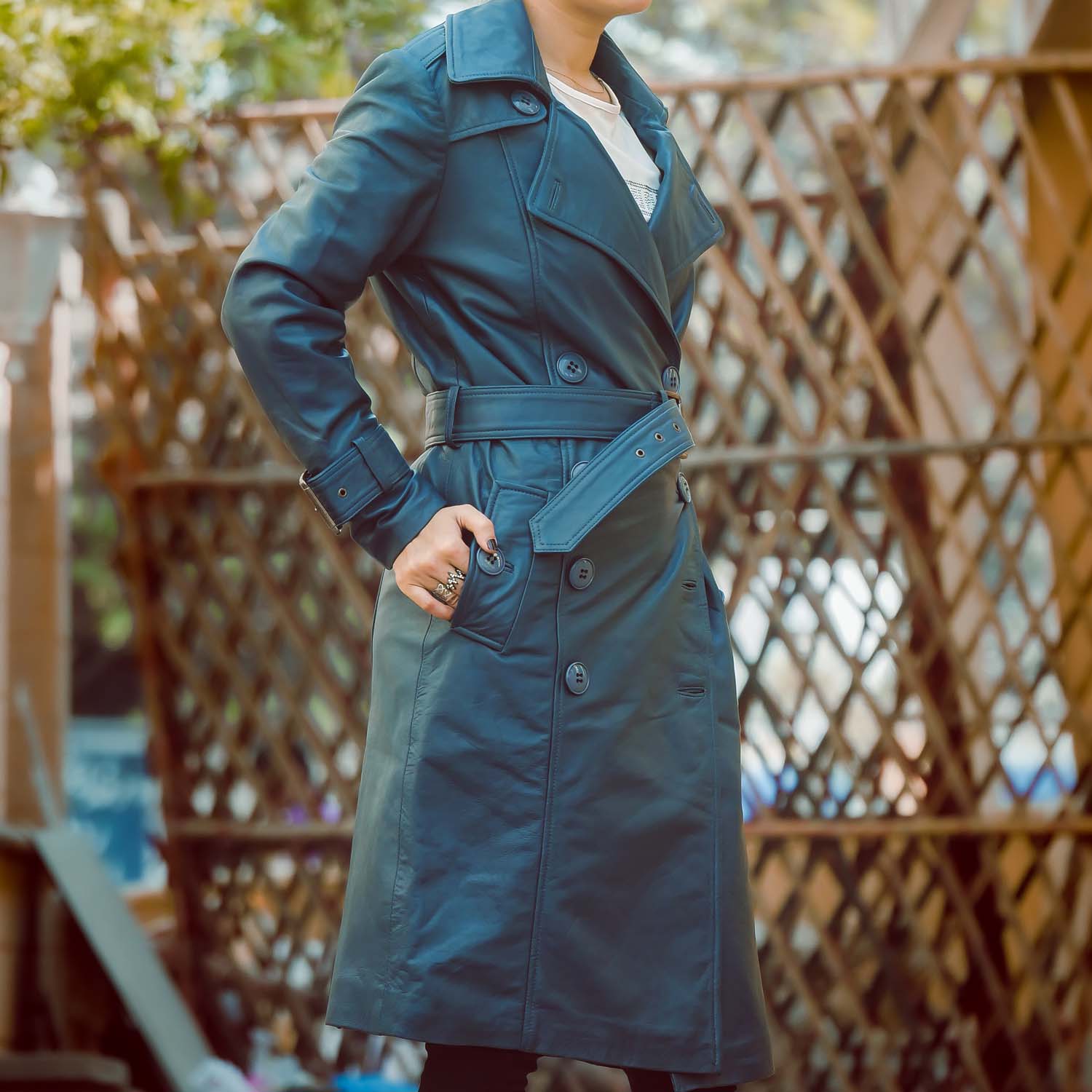 Womens Double Breasted Blue Leather Trench Coat