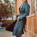 Womens Double Breasted Blue Leather Trench Coat