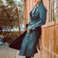 Womens Double Breasted Blue Leather Trench Coat
