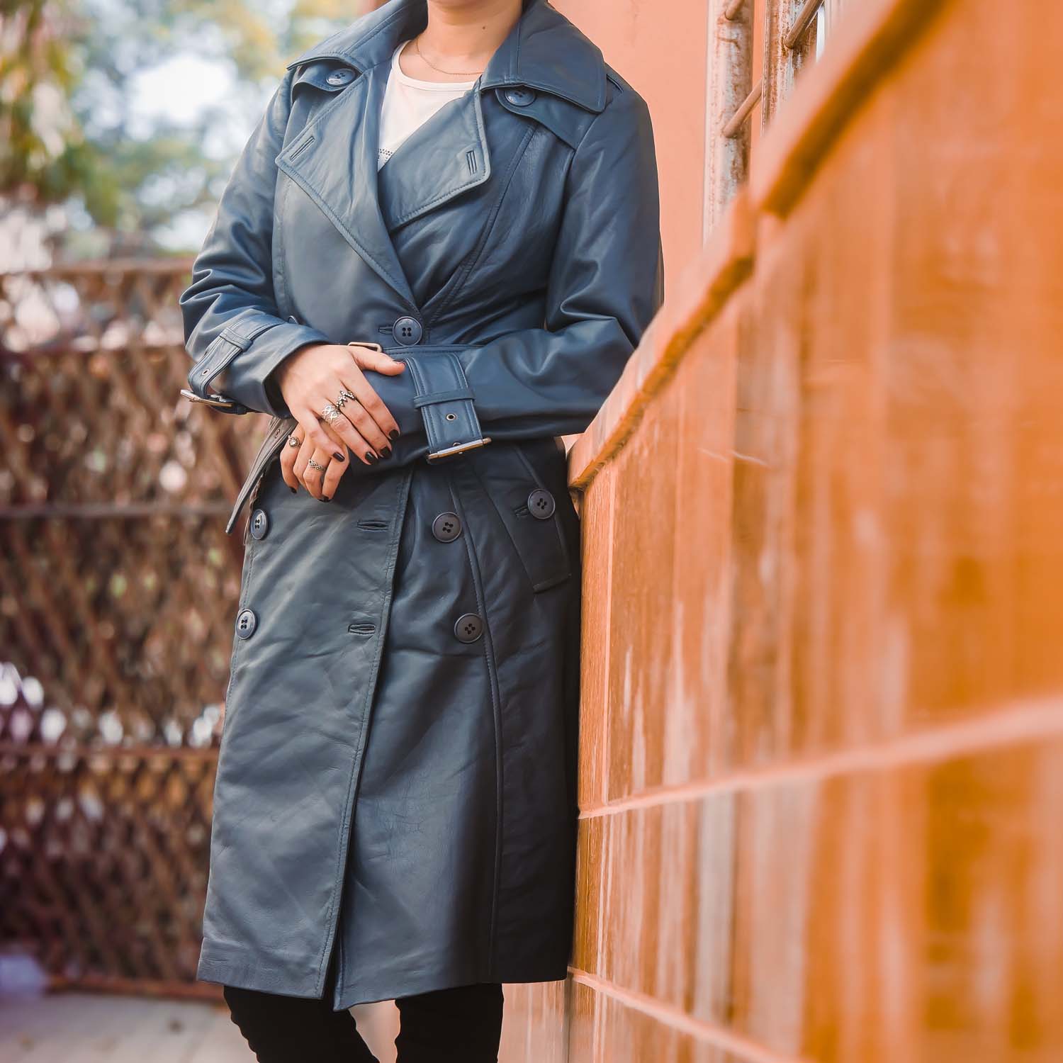 Womens Double Breasted Blue Leather Trench Coat