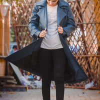 Womens Double Breasted Blue Leather Trench Coat
