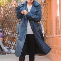 Womens Double Breasted Blue Leather Trench Coat