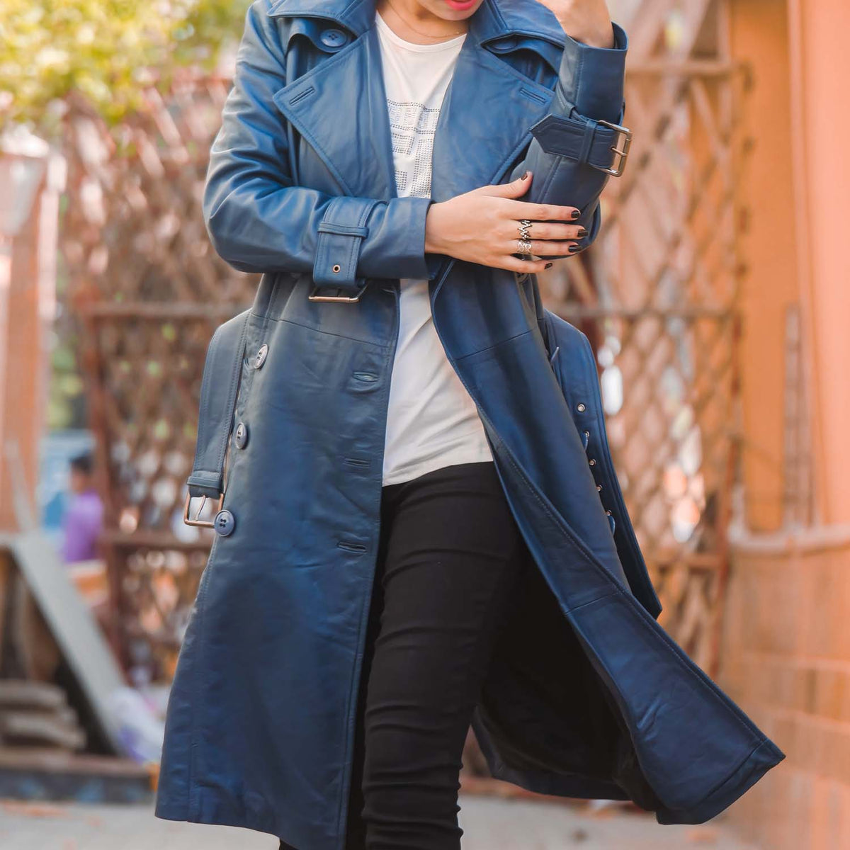 Womens Double Breasted Blue Leather Trench Coat