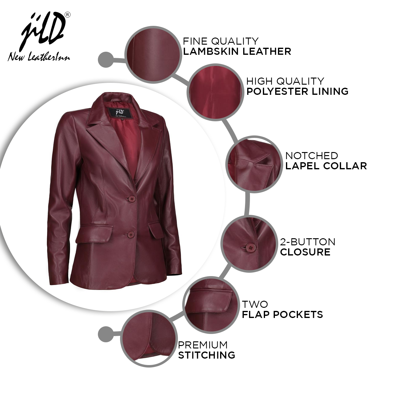 Jild Women's Jild Classic Lambskin Burgundy Leather Blazer Jackets – Jildleather