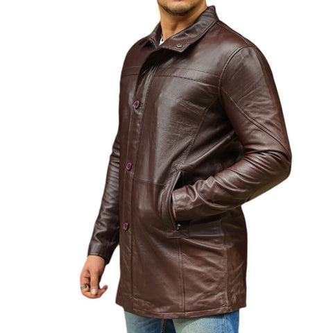 Jild 3/4 Length Trench Leather Car Coats for Men