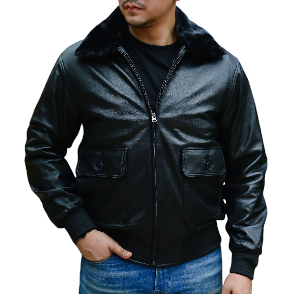 Navy G-1 Real Leather Bomber Jacket Men with Removable Fur Collar