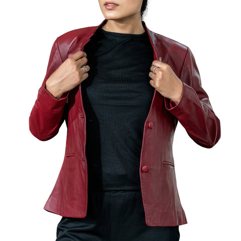 Mandarin Collar Genuine Leather Womens Coat
