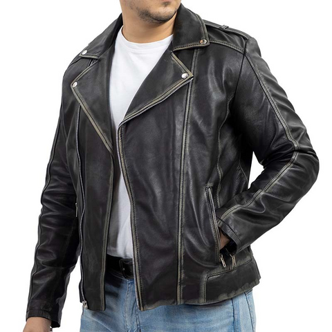 Biker Style Vintage Leather Jacket Men - Casual Fashion Asymmetric Zip-Up Cafe`Racer Waxed Lambskin Leather Motorcycle Jacket