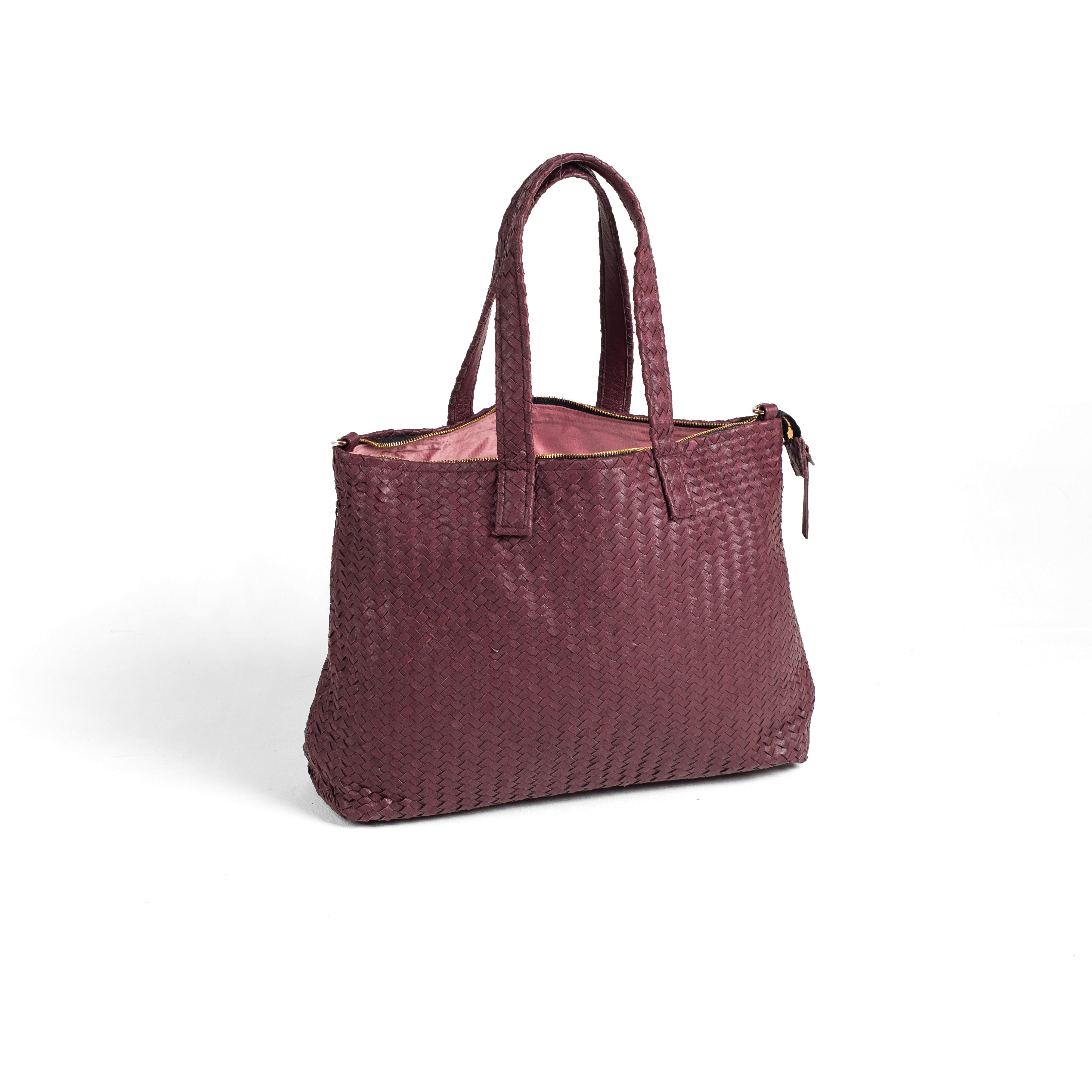 Handmade Woven Original Leather Bag Burgundy With Zipper