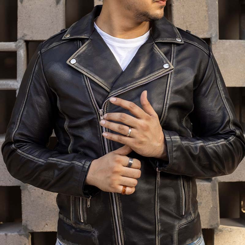 Biker Style Vintage Leather Jacket Men Casual Fashion Asymmetric Zip Jildleather