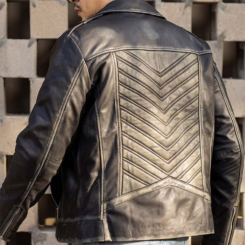 Biker Style Vintage Leather Jacket Men - Casual Fashion Asymmetric Zip-Up Cafe`Racer Waxed Lambskin Leather Motorcycle Jacket