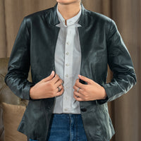 Mandarin Collar Genuine Leather Womens Coat