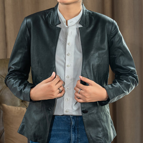 Mandarin Collar Genuine Leather Womens Coat
