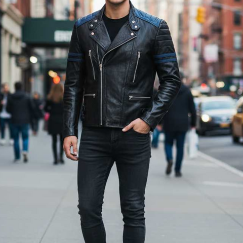 Men's Classic Black & Blue Cafe Racer Leather Jacket
