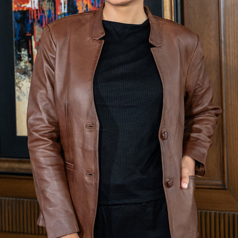 Mandarin Collar Genuine Leather Womens Coat