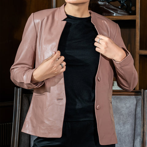 Mandarin Collar Genuine Leather Womens Coat