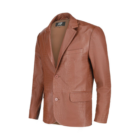 Men's Croco Printed Tan Brown Leather Blazer