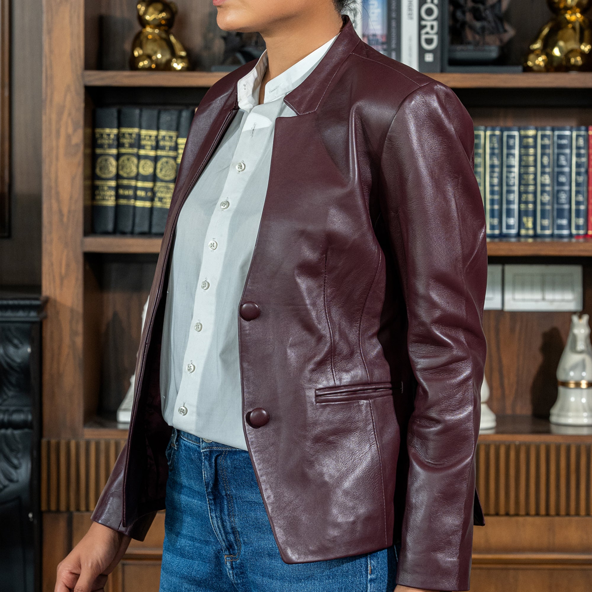 Mandarin Collar Genuine Leather Womens Coat