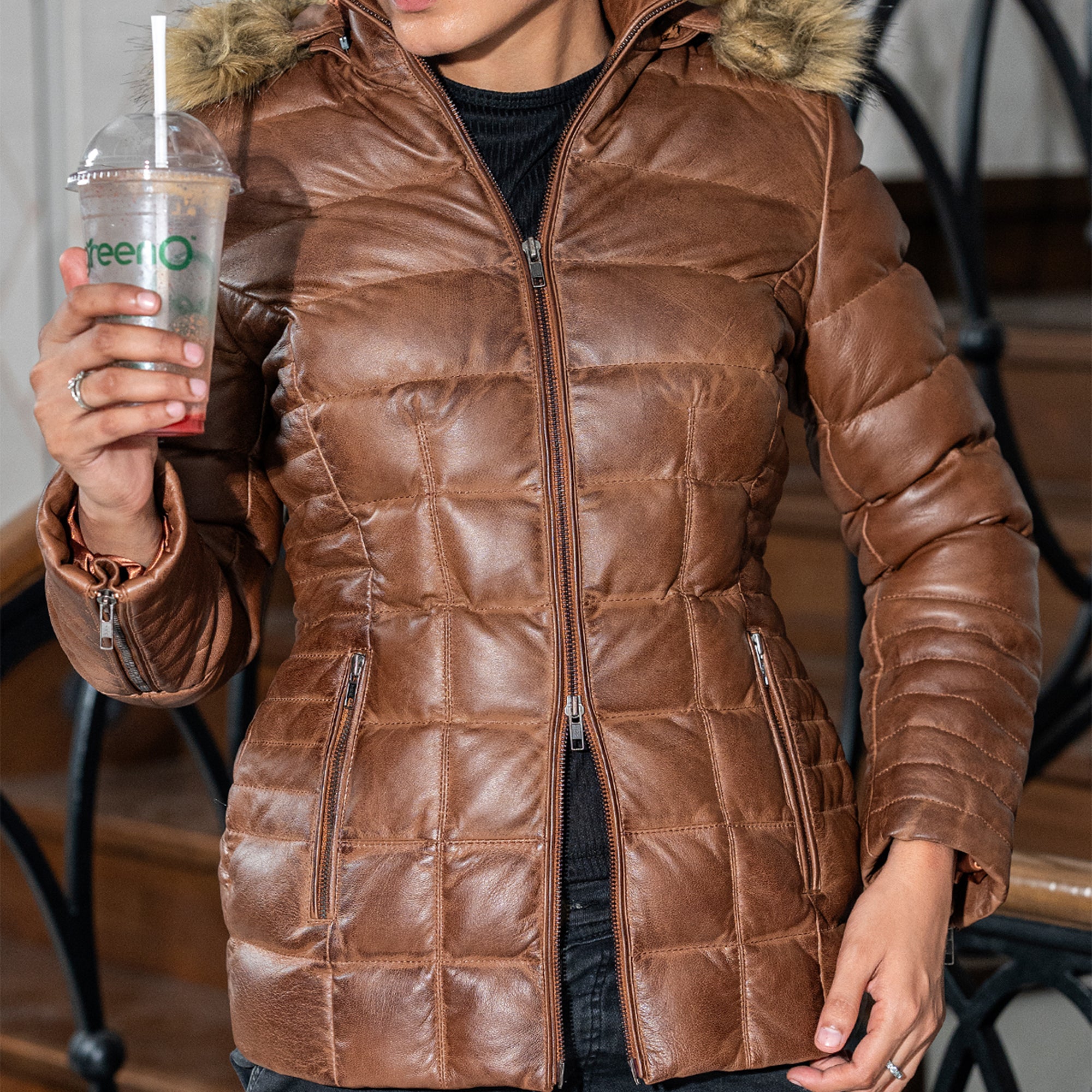 Women's Leather Puffer Jacket