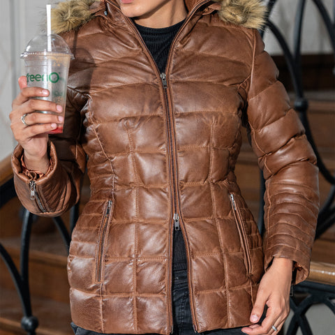 Women's Leather Puffer Jacket