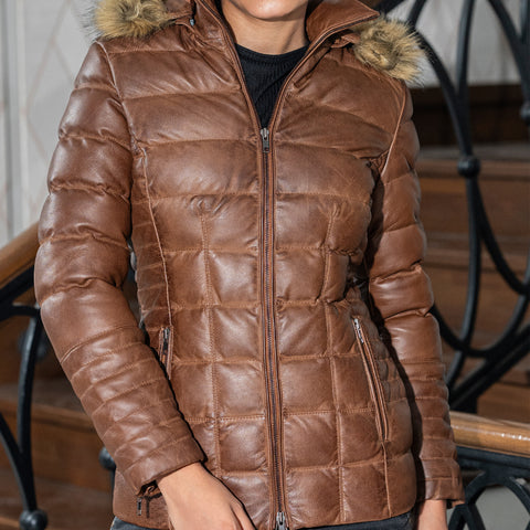 Women's Leather Puffer Jacket