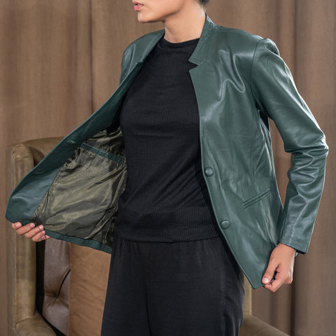 Mandarin Collar Genuine Leather Womens Coat