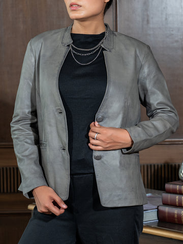 Mandarin Collar Genuine Leather Womens Coat