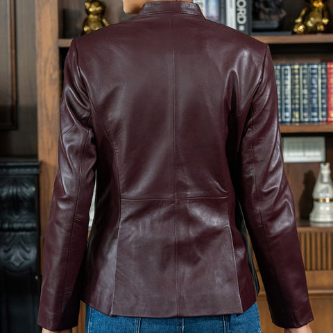 Mandarin Collar Genuine Leather Womens Coat
