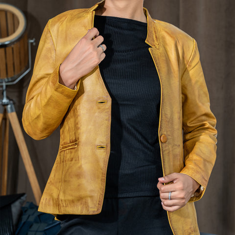 Mandarin Collar Genuine Leather Womens Coat