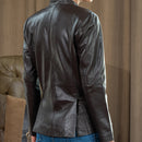 Mandarin Collar Genuine Leather Womens Coat