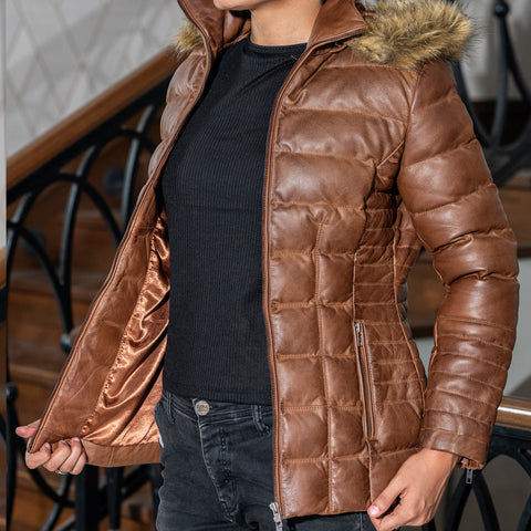 Women's Leather Puffer Jacket