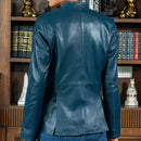 Mandarin Collar Genuine Leather Womens Coat