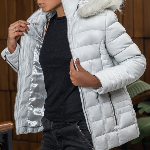 Women's Leather Puffer Jacket