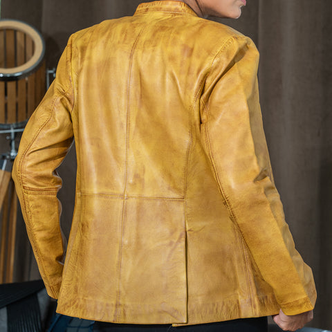 Mandarin Collar Genuine Leather Womens Coat
