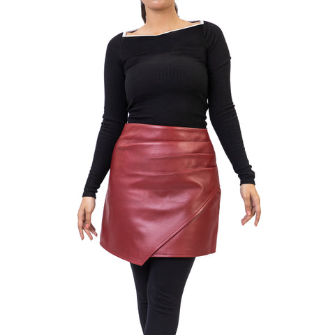 Pleated Ruched Wrap High Waisted Womens Real Leather Skirt