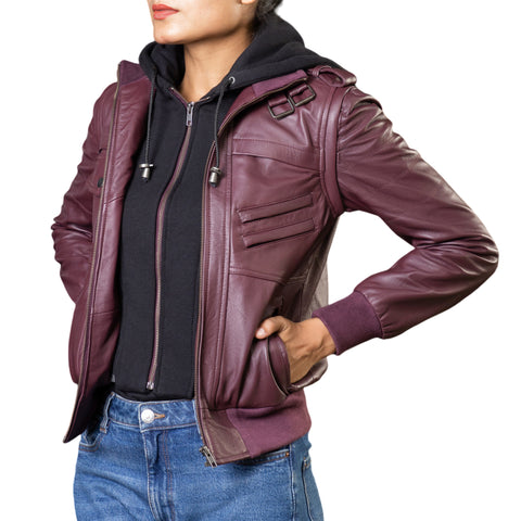 Womens Removable Hooded Leather Jacket