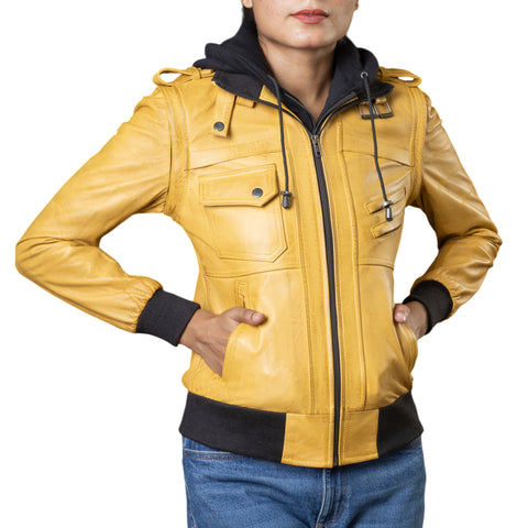 Womens Removable Hooded Leather Jacket