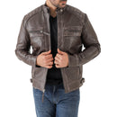 Men’s Vintage Brown Diamond Lambskin Waxed Leather Biker Jacket