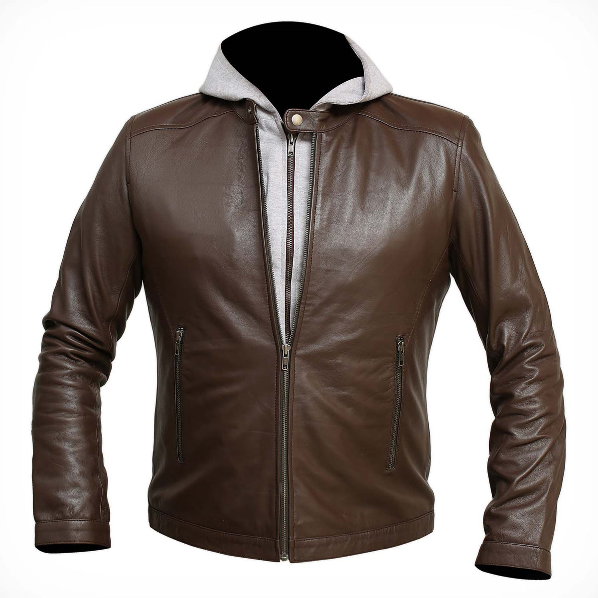 Mens Hooded Bomber Brown Leather Jacket