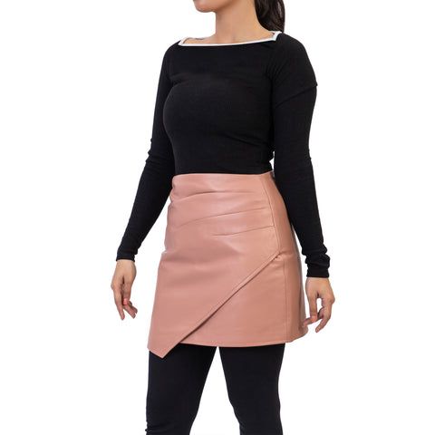 Pleated Ruched Wrap High Waisted Womens Real Leather Skirt