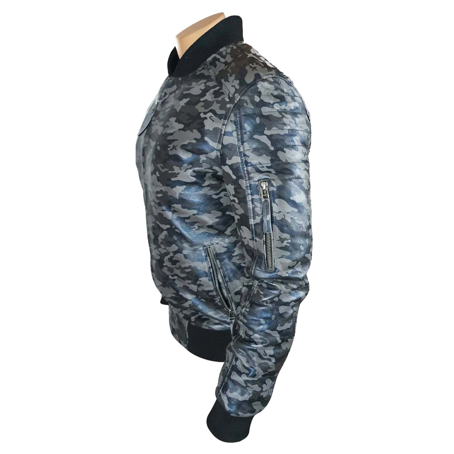 Mens Bomber Military Print Grey Camouflage Leather Jacket