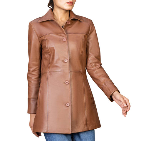 Women’s Real Leather 3/4 Length Car Coat