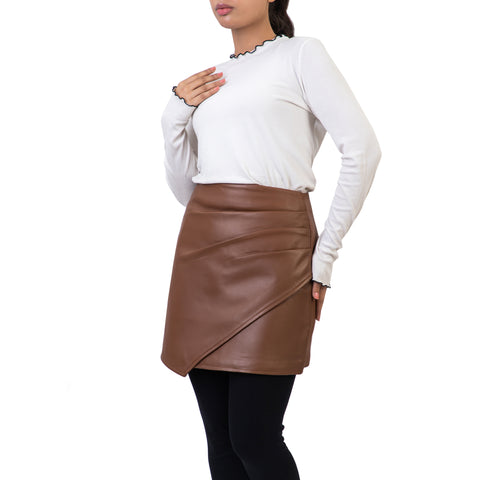 Pleated Ruched Wrap High Waisted Womens Real Leather Skirt