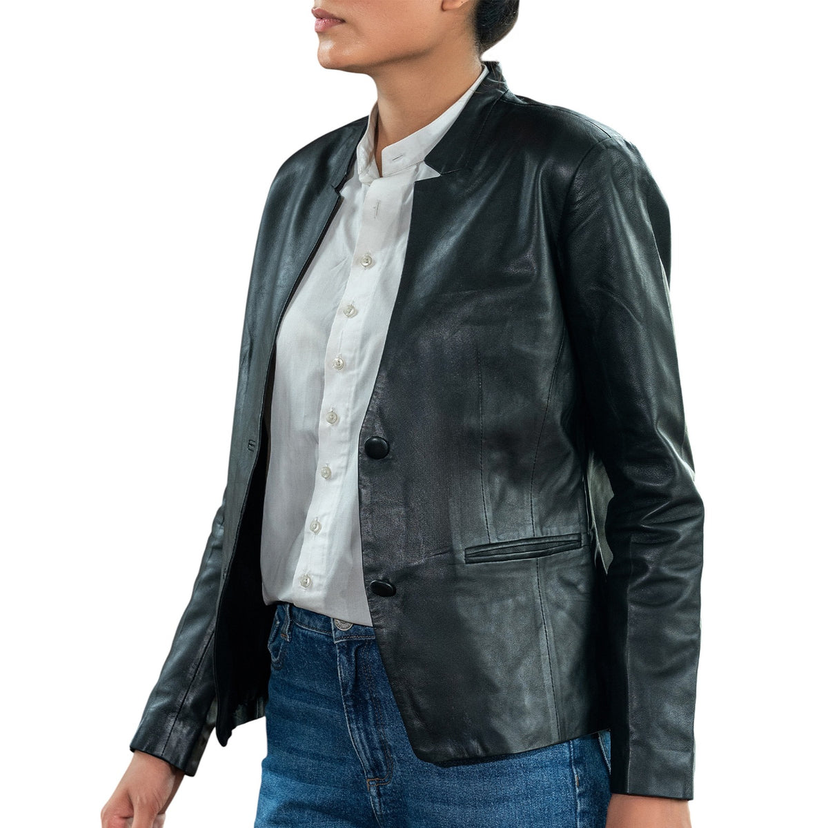 Mandarin Collar Genuine Leather Womens Coat